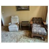 (2) recliners side table and ottoman