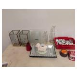 Bottles, tea, light holders tray, piggy bank candl