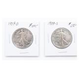 (2) 1939-S & D Silver Walking Liberty Half Dollars
