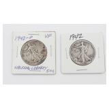 (2) 1942-P Silver Walking Liberty Half Dollars