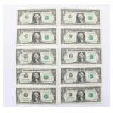 (10) 1993 $1 Bills Consecutive Serial Numbers