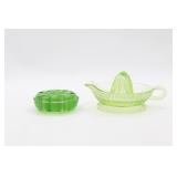 Vaseline Glass Juicer and Green Glass Flower Frog