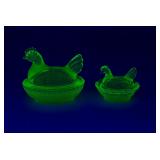 (X2) BOYD Vaseline Glass Rooster on Nest Dishes