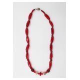 Signed Czechoslovakia Beaded Ruby Glass Necklace