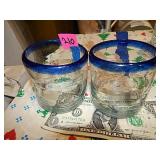 2ct Blue Rimmed Juice/ Whiskey Glasses