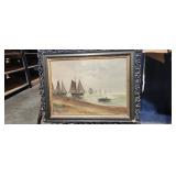 Sailboats Beach Painting Framed 24" x 18"