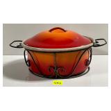 Vtg 60s Danish red orange flame enamel casserole