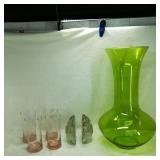 Large Light Green Glass Vase & Other Glassware