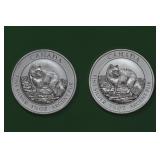 2- 2014 Canada Wolf  $8 .999 Silver Rounds 1.5