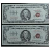 2- 1966 $100 Legal Tender Notes, Red Seals