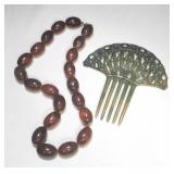 Vintage Plastic Bead Necklace & Hair Comb