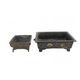 TWO JAPANESE SQUARE BRONZE HIBACHI CENSERS