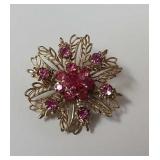 Vintage Pink Rhinestone gold tone floral brouch