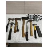 Bucket of Hand tools -Axe /Hatchet, Hammers, Knife