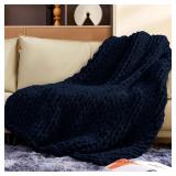 Touchat Chunky Knit Blanket Throw, Navy Crochet Ch