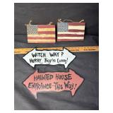 Painted wooden American flags. Halloween signs.