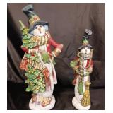 2 CERAMIC PLASTER FOLK-ART SNOWMEN 16" 13"