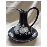 Black Washbasin and Pitcher With White Roses