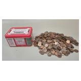 Vintage Pennies with Tin coin bank