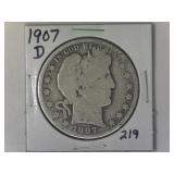 1907-D Barber Silver Half Dollar