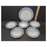 Pier 1 Blue and White Dinner Plate and 5 saucers