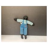 Handmade Black Stuffed Doll with Blue Overalls and