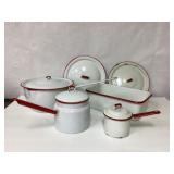 Vintage Enamelware Cookware Set - White with Red T