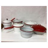 Vintage Enamel Cookware Set - White & Red, Various