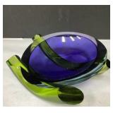 Glass Art Centerpiece Bowl - Hand Blown, Green Acc