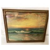 Vintage Beach Seascape Painting - Framed, Sunset S