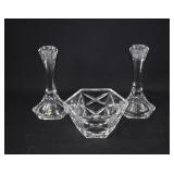 Pair Crystal Candlesticks & Candy Bowl