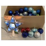 Box Of Christmas Ornaments & 10" Tree Topper