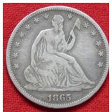 1865 Seated Liberty Silver Half Dollar