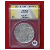 1924 Peace Silver Dollar ANACS AU50 Details Clean