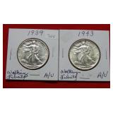 (2) Walking Liberty Silver Half Dollars -1943-1939