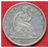 1867S Seated Liberty Silver Half Dollar TAC on REV