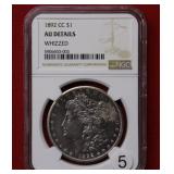 1892 CC Morgan Silver Dollar NGC AU Details - Whiz