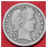 1908 S Barber Silver Quarter