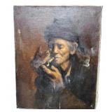 Vintage Oil Painting of an Elderly Man Smoking