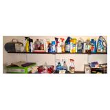 SHELF LOT OF CLEANING SUPPLIES: ZEP NATURAL FLOOR CLEANER, PLEDGE, OXY DEEP STEAM PET, BUG SPRAY, CLOROX, SHOUT, ETC.