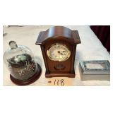 BLUEBIRD EGGS ON NEST UNDER GLASS DISPLAY, SILVER MUSIC BOX W/ SCRIPTURE, BULOVA CLOCK W/ WOODEN CASE