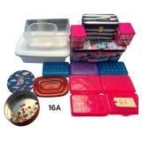 7 PLASTIC PENCIL BOXES, 2 SMALL JEWELRY CONTAINERS W/ DRAWERS, 2 SMALL STORAGE CONTAINERS, TIN W/ SMALL ASSORTMENT OF U.S. CURRENCY