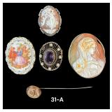 VINTAGE / ANTIQUE LADIES BROOCHES, 4 TOTAL, 1 ANTIQUE HATPIN