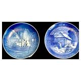 2 1976 PORCELAIN ROYAL COPENHAGEN DENMARK DECORATIVE PLATES: WATERMILL, CHRISTMAS WELCOME