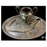 SILVER PLATE TRAY, POT, TONGS, SPOONS,  ETC...