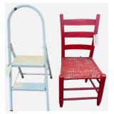 METAL TWO STEP LADDER AND RED PAINTED LADDER BACK VINTAGE CHAIR