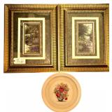 3 FRAMED AND MATTED FLORAL PRINTS: “THE PICKETT FENCE” IN ORNATE FRAME, “THE WELL” IN ORNATE FRAME, VINTAGE FLORAL PRINT IN CIRCULAR FRAME