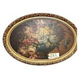 ANTIQUE FLORAL APPEARS TO BE PAINTING IN OVULAR GOLD COLORED FRAME, 2 BIRD PRINTS