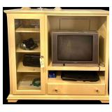 WHITE ENTERTAINMENT CENTER W/ CONTENTS TO INCLUDE VINTAGE TOSHIBA TELEVISION (UNTESTED), BROKSONIC TELEVISION (UNTESTED), ACOUSTIC RESEARCH HEADPHONES, MAGNAVOX CASSETTE RECORDER/RADIO