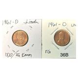 1961-D LINCOLN “FG” UNCIRCULATED PENNY; 1961-D DOUBLE DIE OBVERSE “FG” LINCOLN PENNY